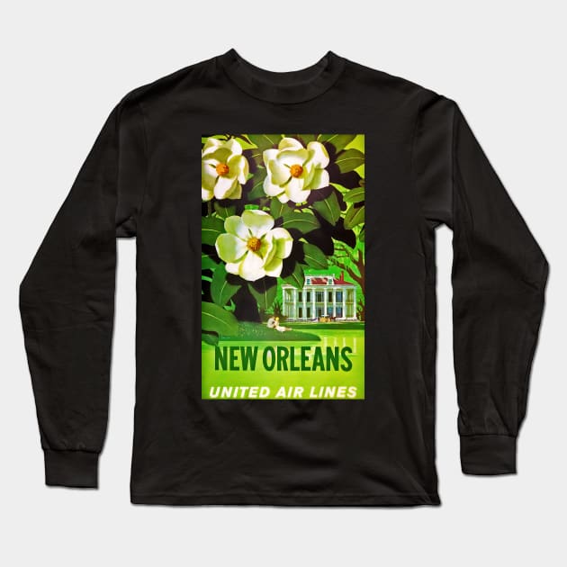 Beautifully Restored United Airlines Vintage Travel Poster - New Orleans Long Sleeve T-Shirt by vintageposterco